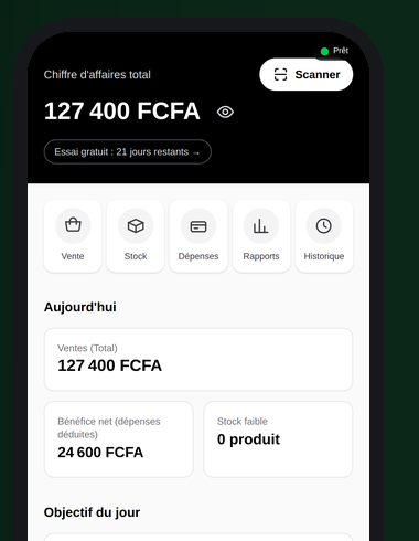 L'écran d'accueil de DJAI sur un téléphone : chiffre d'affaires, bénéfice net et objectif du jour.